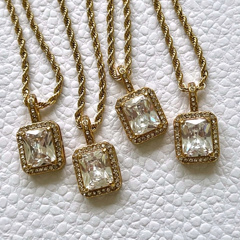 Vintage British Style 18K Gold Plated Stainless Steel Rope Chain Square Zirconia Pendant Necklace Bracelet For Women