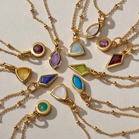 18K Gold Plated Stainless Steel Satellite Bead Chain Necklace With 925 Sterling Silver Zircon Birthstone Geometric Pendant