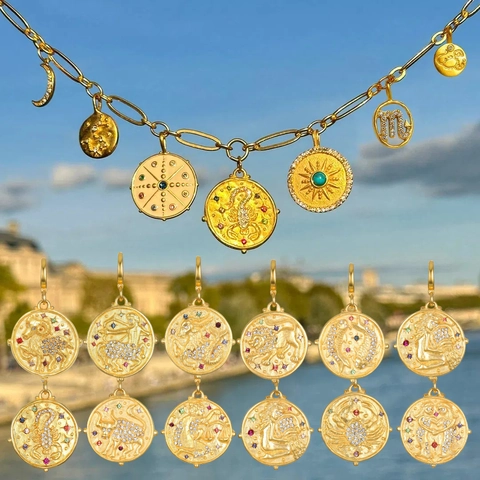 14K Gold Plated Copper Zodiac Round Coin Pendant For Women Vintage Constellation Charm With Colorful Zirconia Fashion Jewelry Gift