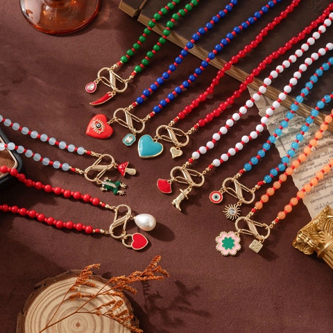 Collana Bohemienne con Perline Colorate per Donna Lega di Rame Cuore Malocchio Sole Rana Fungo Ciondolo Girocollo Gioielli