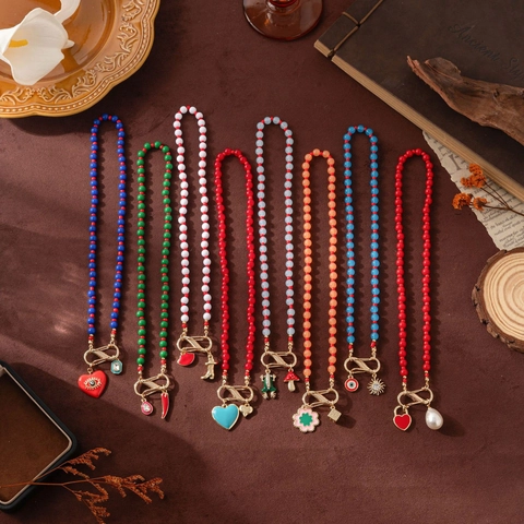 Collana Bohemienne con Perline Colorate per Donna Lega di Rame Cuore Malocchio Sole Rana Fungo Ciondolo Girocollo Gioielli