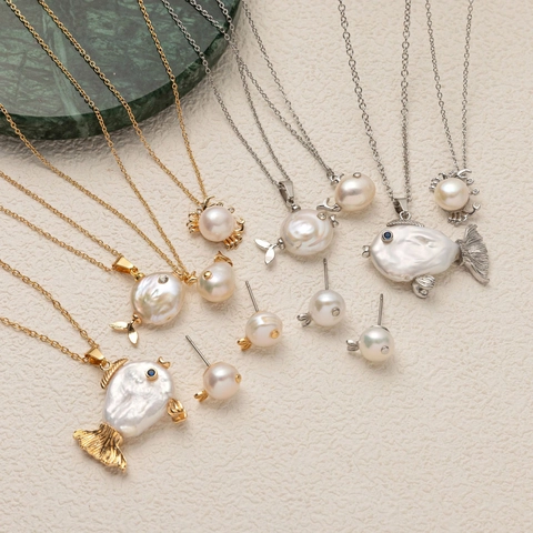 Baroque Freshwater Pearl Marine Life Whale Crab Fish Pendant Necklace Earrings Set Gold Silver Plated Copper Women Jewelry