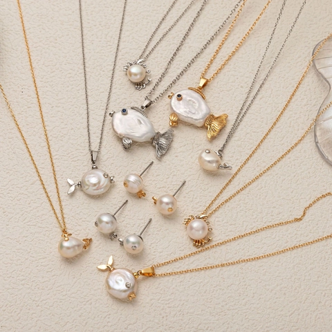 Baroque Freshwater Pearl Marine Life Whale Crab Fish Pendant Necklace Earrings Set Gold Silver Plated Copper Women Jewelry