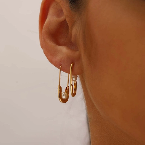 Freshwater Pearl Safety Pin Pendant Necklace Copper Gold Silver Plated Industrial Style Jewelry Set Earrings For Women