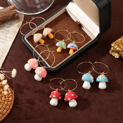 Creative Mushroom Hoop Earrings Handmade Polymer Clay Copper Enamel Cute Vintage Colorful Dangle Earrings For Women Gift