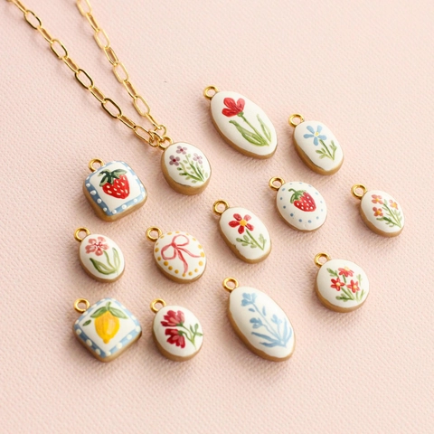 Copper Floral Strawberry Lemon Bow Knot Enamel Pendant Necklace Gold Paperclip Chain Fresh Clavicle Chain Jewelry For Women