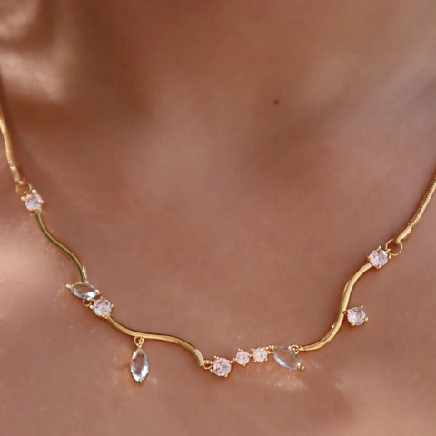 Vintage 18K Gold Plated Copper Necklace Cubic Zirconia Y-Shaped Tassel Water Drop Flower Geometric Jewelry For Women