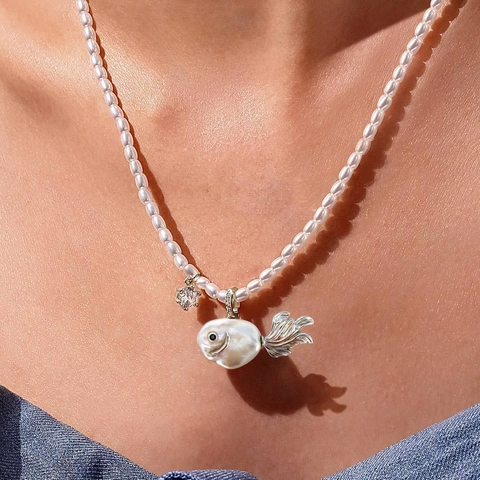 Cute Artificial Baroque Pearl Fish Pendant Necklace For Women 18K Gold Plated Copper Zircon Ocean Animal Whale Starfish Jewelry