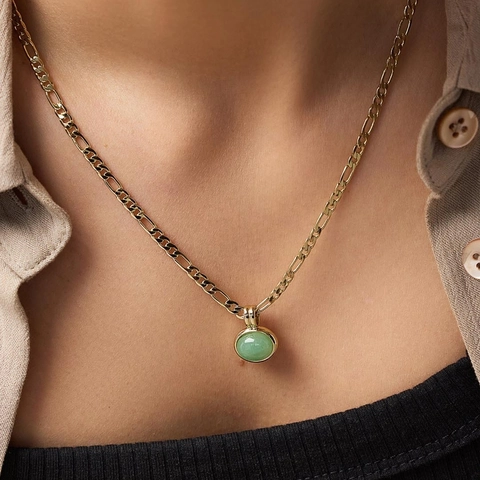 Vintage 14K Gold Plated Stainless Steel Figaro Chain Necklace Natural Green Aventurine Stone Pendant Jewelry Set For Women