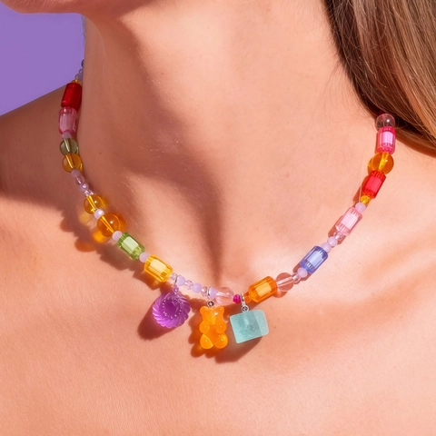 Collar de Cuentas Coloridas con Colgante de Oso y Flor de Resina Acrílica Joyería de Moda Dopamine Y2K para Mujer