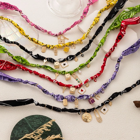 Bohemian Paisley Fabric Scarf Necklace For Women With Gold Copper Lucky Charms Dice Clover Heart Lock Evil Eye Pendants