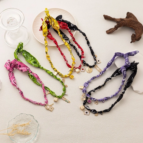 Bohemian Paisley Fabric Scarf Necklace For Women With Gold Copper Lucky Charms Dice Clover Heart Lock Evil Eye Pendants