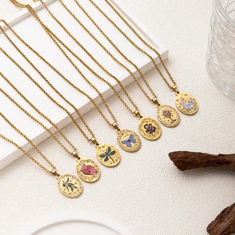 Vintage 18K Gold Plated Stainless Steel Enamel Animal Pendant Necklace For Women Retro Butterfly Swan Zirconia Jewelry Gift