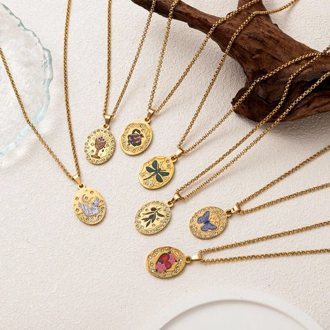 Vintage 18K Gold Plated Stainless Steel Enamel Animal Pendant Necklace For Women Retro Butterfly Swan Zirconia Jewelry Gift