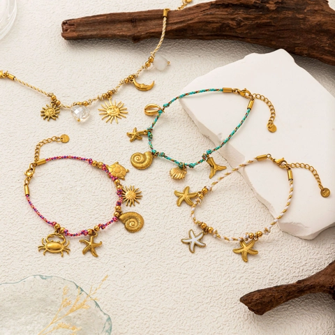 Bohemian Woven Rope Ocean Charms Necklace Bracelet Stainless Steel Gold Plated Starfish Shell Sun Moon Jewelry For Women
