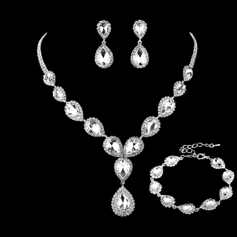 Elegante Strass Kristall Halskette Ohrringe Armband Für Hochzeit Braut Versilbert Wassertropfen Design