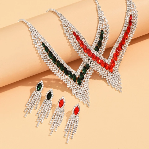 Luxurious Alloy Rhinestone V-Shaped Fringe Necklace And Drop Earrings Jewelry Set With Marquise Cut Artificial Gemstones For Women