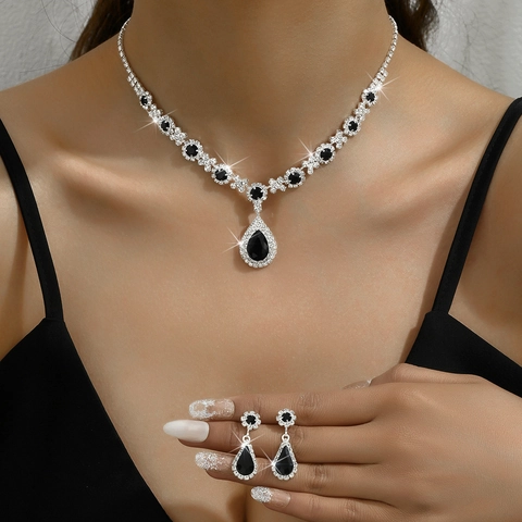 Luxury Copper Rhinestone Water Drop Jewelry Set For Women Wedding Party Vintage Teardrop Necklace And Earrings Set