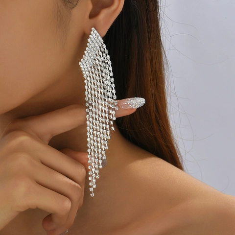 Pendientes Largos de Borla de Strass a la Moda para Mujer Pendientes Colgantes Elegantes de Flecos de Diamantes con Poste de Acero