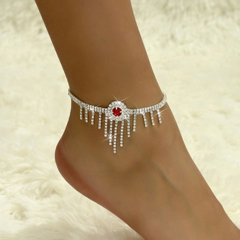 Luxueuse Chevillère À Pompons En Strass En Alliage Argenté Pour Femmes Pierre Rouge Bijoux De Pied Réglables Pour Plage Et Mariage