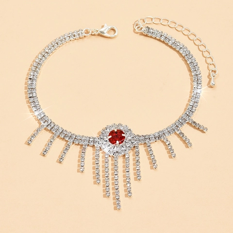 Luxueuse Chevillère À Pompons En Strass En Alliage Argenté Pour Femmes Pierre Rouge Bijoux De Pied Réglables Pour Plage Et Mariage