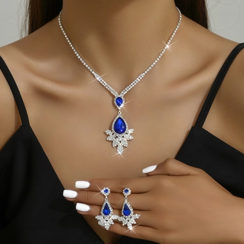 Luxe Verzilverde Legering Strass Waterdruppel Sieraden Voor Bruid Bruiloft Banket Traan Blauw Rood Edelsteen Ketting Oorbellen Voor Vrouwen