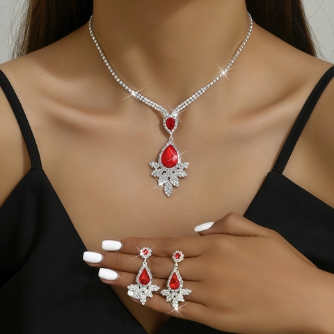 Luxe Verzilverde Legering Strass Waterdruppel Sieraden Voor Bruid Bruiloft Banket Traan Blauw Rood Edelsteen Ketting Oorbellen Voor Vrouwen