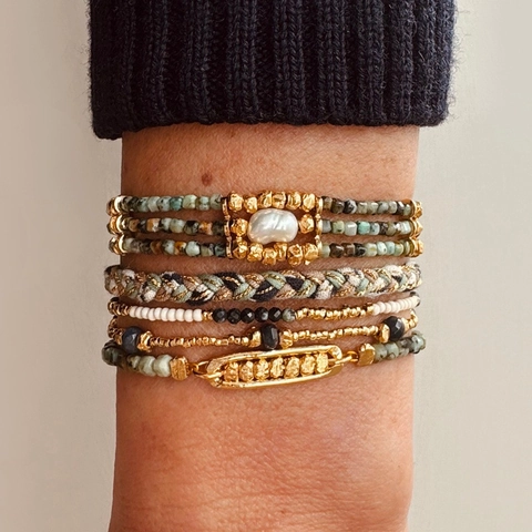 Bohemian Layered Beaded Bracelet For Women Gold Plated Copper Natural Stone Satin Ribbon Handmade Jewelry Adjustable Gift