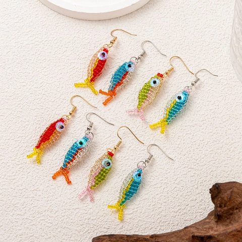 Handmade Colorful Beaded Fish Drop Earrings For Women 14K Gold Plated Copper Boho Fashion Jewelry Cute Animal Earrings