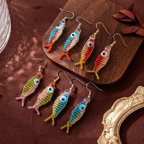 Handmade Colorful Beaded Fish Drop Earrings For Women 14K Gold Plated Copper Boho Fashion Jewelry Cute Animal Earrings