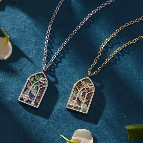 Gothic Kirchenfenster Abalone Muschel Anhänger Halskette Kupfer 14K Gold Silber Plattiert Mond Katze Schmuck Für Damen