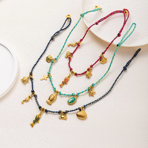 Collana a Corda Intrecciata con Pendente in Acciaio Inossidabile Animali Marini Pesce Tartaruga Conchiglia Croce Gioielli Estivi