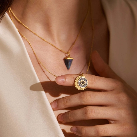 Vintage 18K Gold Plated Stainless Steel Celestial Necklace With Moon Sun Star Pendant Moonstone Jewelry For Women
