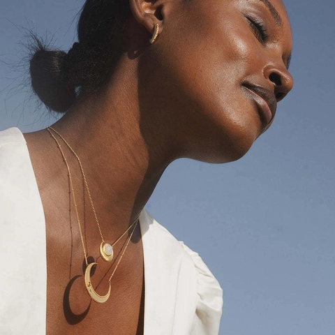 Vintage 18K Gold Plated Stainless Steel Celestial Necklace With Moon Sun Star Pendant Moonstone Jewelry For Women