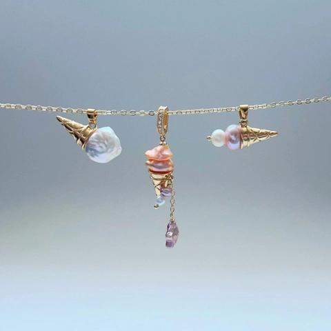 Vintage 14K Vergoldete Kupfer Eistüte Imitationsperle Anhänger Halskette Strass Zweilagig Verschluss Halskette Damen Schmuck
