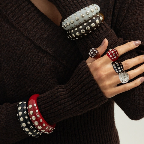 Vintage Punk Resin Rivet Rhinestone Open Bangle And Ring For Women Fashion Amber Tortoiseshell Pattern Chunky Jewelry