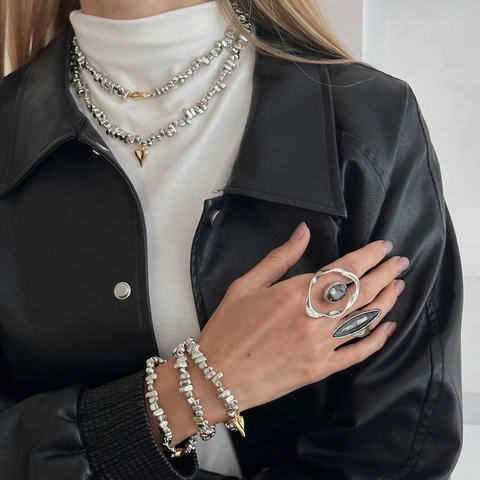 Collier Pendentif Cœur en Perles CCB Argent Irrégulières Ensemble Bracelet Bague en Cristal Acrylique pour Femmes Punk