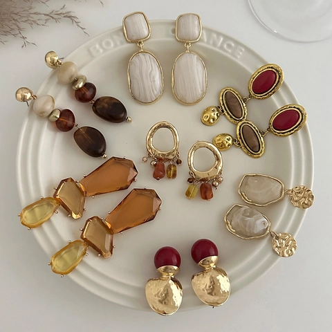 Dames Vintage Geometrische Hars Hangoorbellen Goud Gehamerd Metaal Marmeren Textuur Bohemian Drop Oorknopjes Mode Sieraden Accessoires