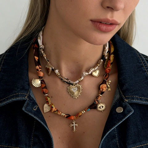 Vintage Women Bohemian Satin Scarf Wrap Necklace Gold Alloy Heart Cross Shell Pendant Rhinestone Choker Jewelry Accessory
