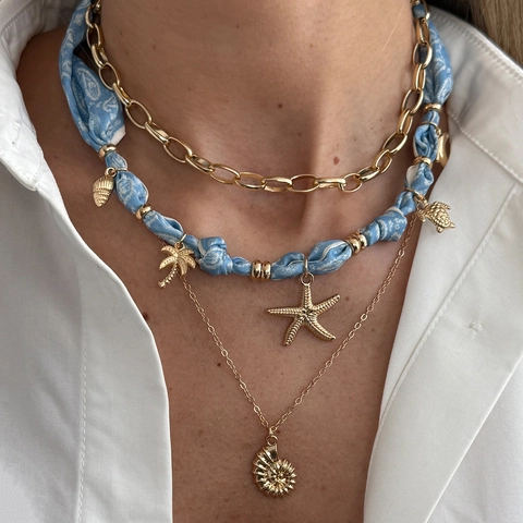 Bohemian Layered Necklace With Alloy Chain And Printed Scarf Starfish Shell Sun Heart Pendant Ocean Vacation Jewelry Women