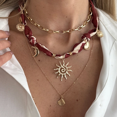 Bohemian Layered Necklace With Alloy Chain And Printed Scarf Starfish Shell Sun Heart Pendant Ocean Vacation Jewelry Women