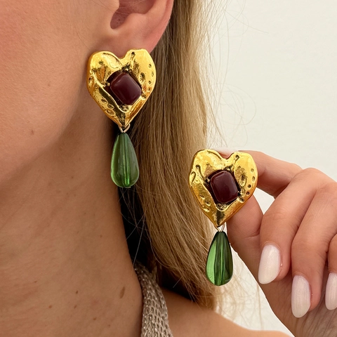 Bohemian Vintage Alloy Resin Geometric Dangle Earrings For Women Luxury Heart Water Drop Gemstone Look Statement Jewelry Gift