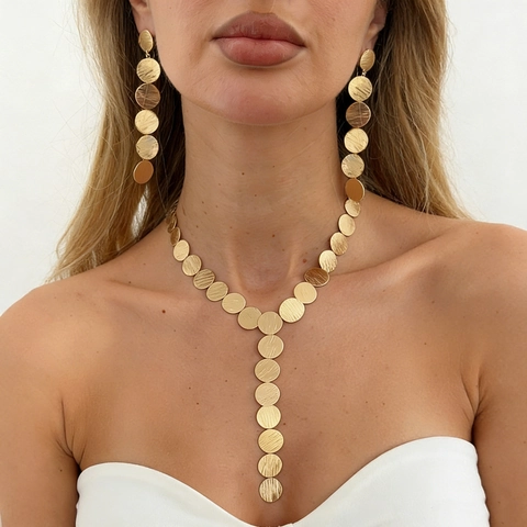 Modern Minimalist Iron Alloy Brushed Round Disc Jewelry Set Necklace Long Drop Earrings Gold Silver Women Fashion Jewelry