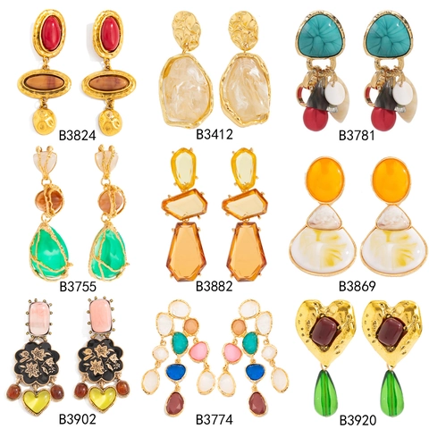 Bohemian Vintage Alloy Resin Geometric Dangle Earrings For Women Luxury Heart Water Drop Gemstone Look Statement Jewelry Gift