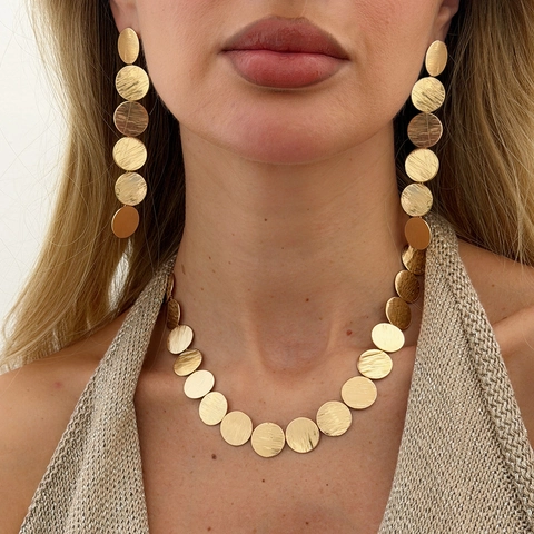 Modern Minimalist Iron Alloy Brushed Round Disc Jewelry Set Necklace Long Drop Earrings Gold Silver Women Fashion Jewelry