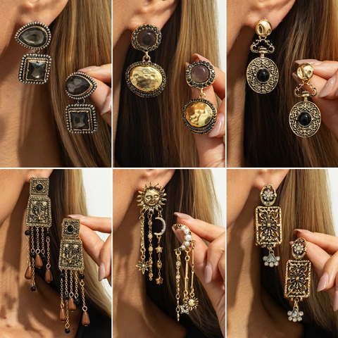 Boucles d'Oreilles Longues à Glands en Alliage Style Cour Vintage avec Pierres Gravées et Tige en Acier Inoxydable Boucles d'Oreilles Géométriques Bohémiennes en Strass Acrylique Bijoux Femme