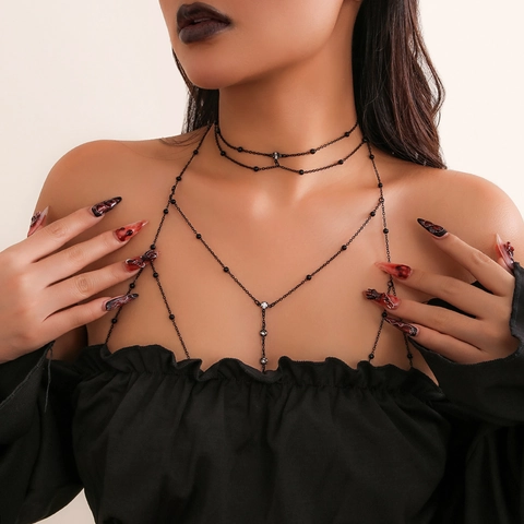 Sexy Rhinestone Body Chain Multilayer Copper Bead Chest Chain Exaggerated Tassel Choker Necklace For Women Beach Party Jewelry