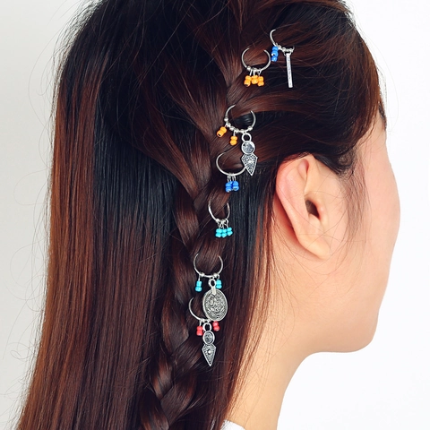 Bagues de Cheveux Bohème Vintage en Alliage Argenté Avec Pendentifs Soleil Lune Étoile Cœur et Perles de Pierre Naturelle