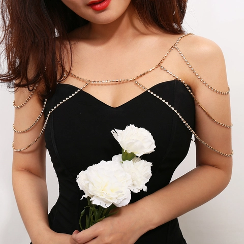 Sexy Multi Layer Rhinestone Body Chain Shoulder Jewelry For Women Gold Plated Tassel Alloy Crystal Wedding Party Dress Accessories
