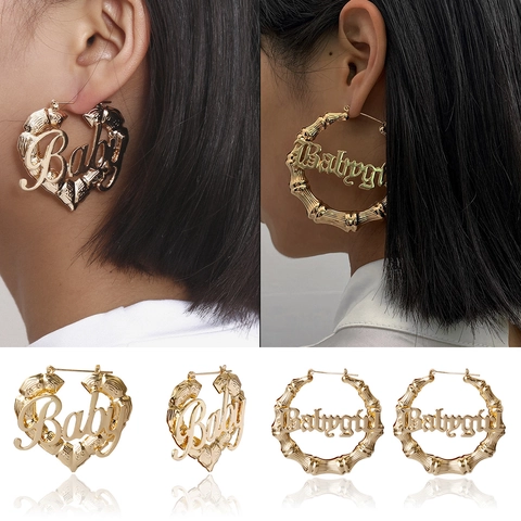 Hip Hop Bamboo Hoop Earrings For Women Alloy Gold Silver Plated Heart Round Letter Baby Babygirl Stainless Steel Earring Post Punk Street Jewelry